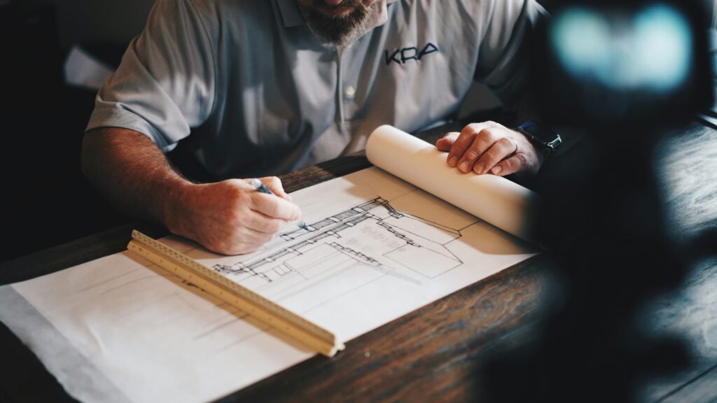 A man focused on a blueprint, seated at a table, engaged in detailed planning and design work.