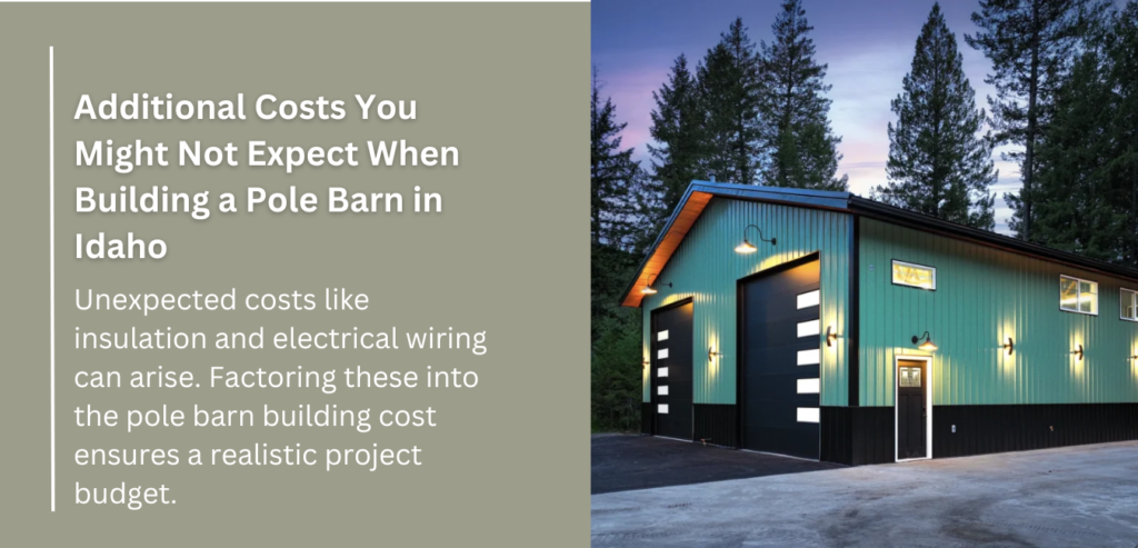 Infographic highlighting unexpected costs of building a pole barn in Idaho, focusing on insulation and energy savings.