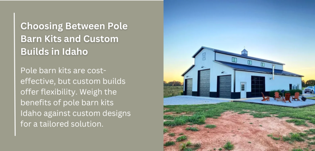 Image depicting the decision-making process between pole barn kits and custom-built barns in Idaho.