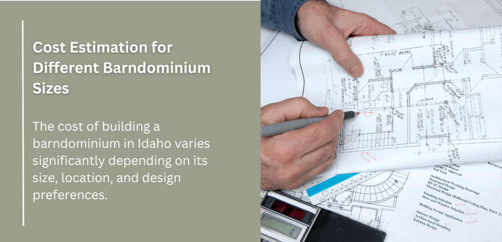 Cost estimation chart for building barndominiums in Idaho, detailing sizes from 1,000 to 3,000 sq ft and customization options.