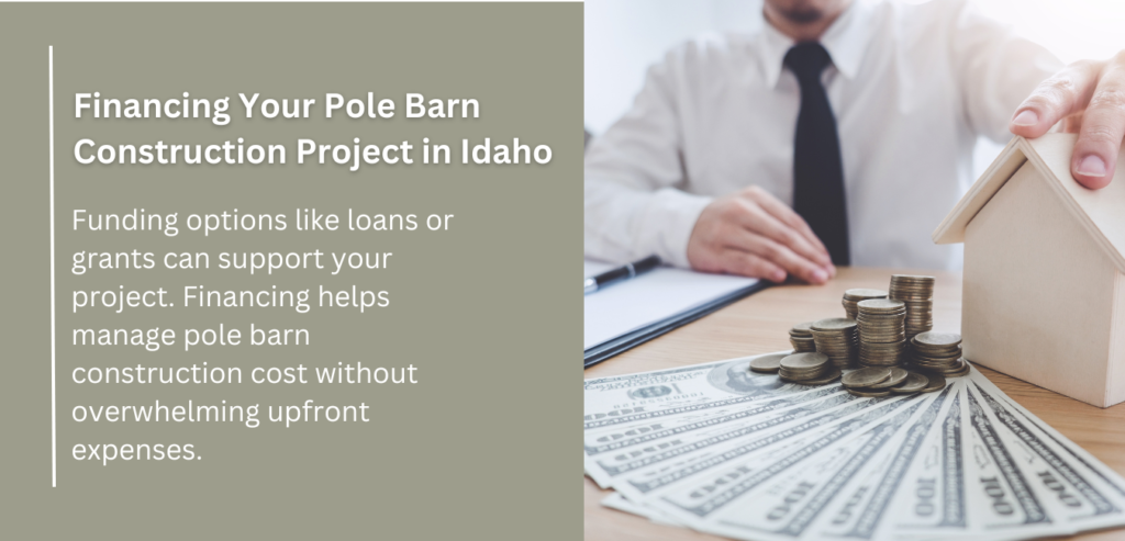 Image of a rural barn construction project in Idaho, highlighting financing options like personal savings for funding.