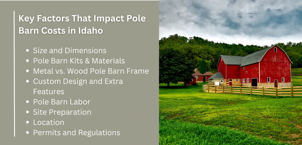 Key factors influencing pole barn costs in Idaho include size, dimensions, materials, and intended purpose of the structure.