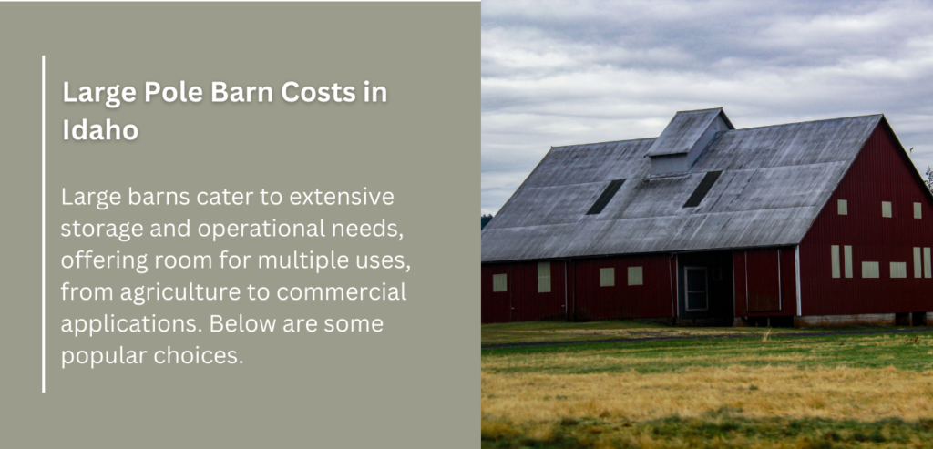 Cost estimates for large pole barns in Idaho, ranging from $18,000 to $100,000 based on size and features.