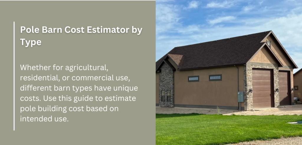  Cost estimator for agricultural pole barns in Idaho, detailing expenses based on size and features for equipment and animal storage.