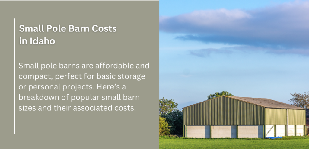 Small pole barn cost estimates in Idaho: 20x40 ($8k-$15k), 24x30 ($7.5k-$12.5k), 24x32 ($8k-$13k) for various uses.