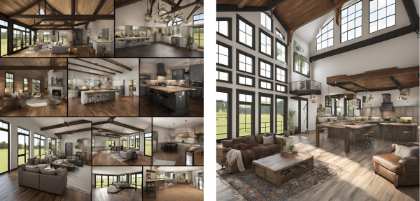 A collage displaying various perspectives of a 3-bedroom barndominium, emphasizing modern design and flexible living spaces.