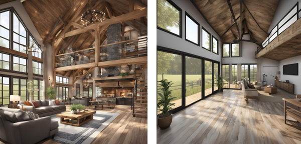 Two images showcasing a spacious living room and dining room in a 4-bedroom barndominium with a blue roof.