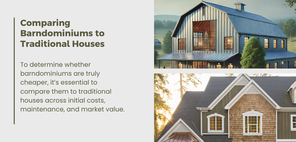 Comparison of barndominiums and traditional houses, highlighting costs, maintenance, and market value differences.