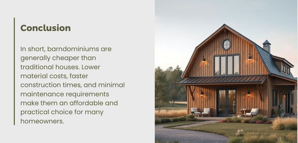 Summary of advantages and disadvantages of modern houses, focusing on barndominiums as an affordable option.