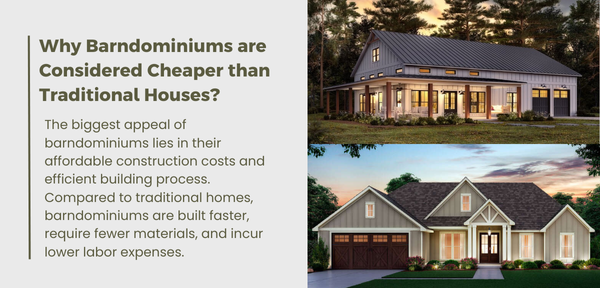 Barndominiums are cheaper than traditional houses due to lower construction costs, faster building, and reduced labor expenses.