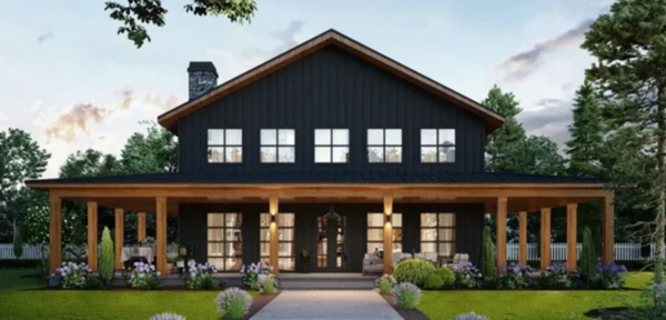 A black farmhouse-style home showcasing the design flexibility and customization of post-frame construction.
