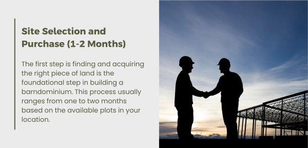 Site selection and purchase process for a barndominium, typically taking 1-2 months, considering land suitability and regulations.