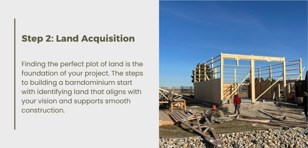 Image depicting the essential considerations for land acquisition in barndominium construction, including soil quality and utilities.