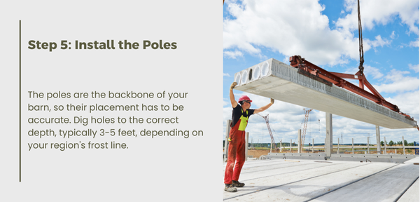 A man stands on a platform, holding a beam, preparing for the installation of structural poles for a barn.