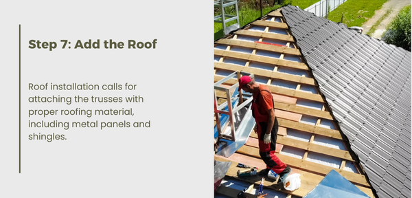 A man installs a roof, demonstrating step 7 of the process, ensuring proper attachment and weather-proofing techniques.