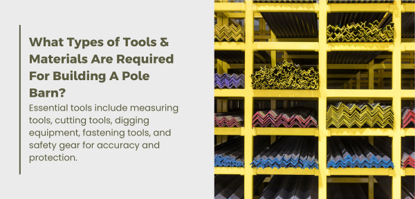 Image depicting essential tools and materials for constructing a pole barn, including posts, roofing, and safety gear.