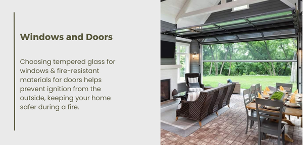 A living room featuring a patio door and windows, emphasizing safety with tempered glass and fire-resistant materials.