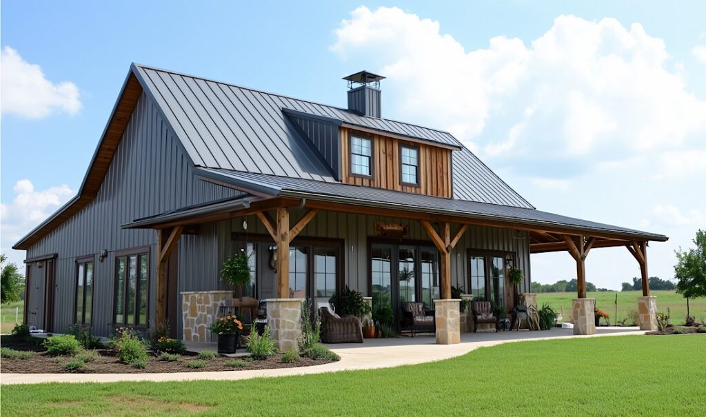 A modern Barndominium house style barn-style house with a metal roof, wooden accents, and large windows. The house features a spacious porch with seating, surrounded by green grass and landscaping under a blue sky with clouds.