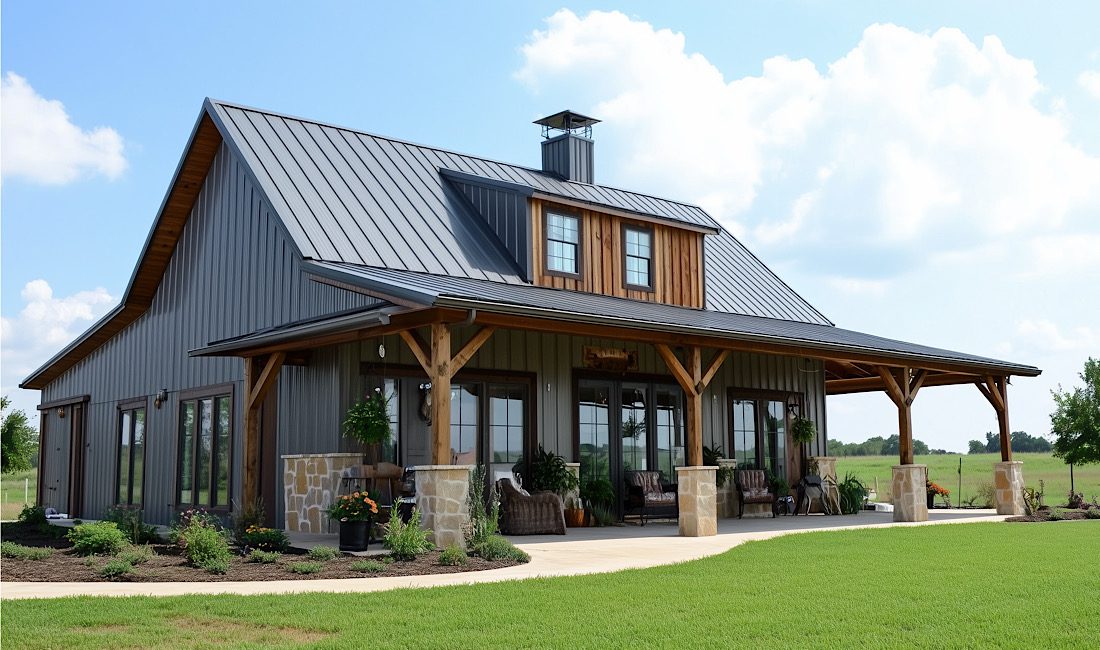 A modern Barndominium house style barn-style house with a metal roof, wooden accents, and large windows. The house features a spacious porch with seating, surrounded by green grass and landscaping under a blue sky with clouds.