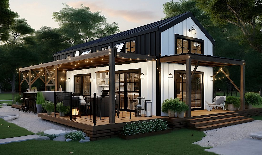 Contemporary Black and White Barndominium with Outdoor Entertainment Space in Idaho