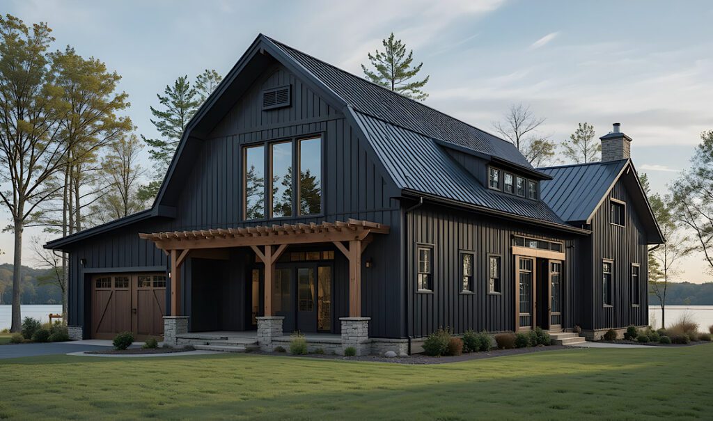 A barndominium home with black roof and black siding at lakeside in Idaho. The ultimate Idaho barndominium playbook
