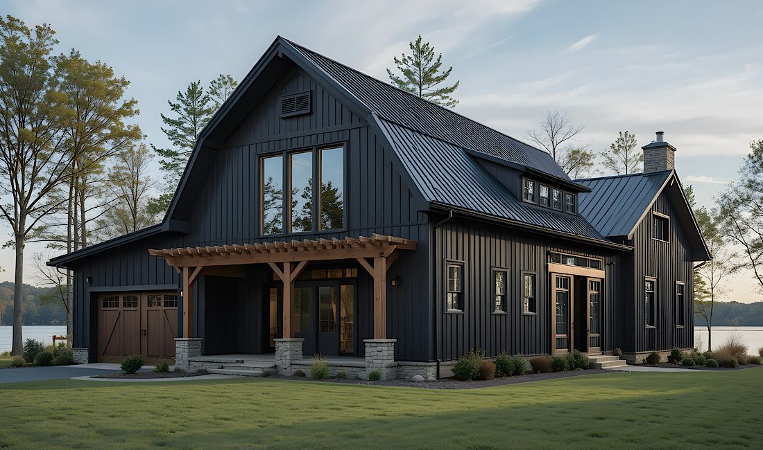 A barndominium home with black roof and black siding at lakeside in Idaho. The ultimate Idaho barndominium playbook