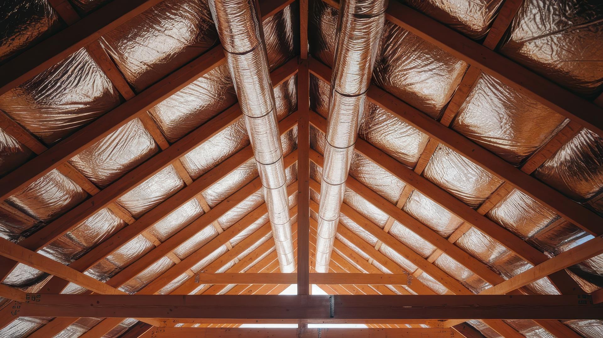 Exposed Roof Trusses Show Hvac Ducts and Insulation in an Attic