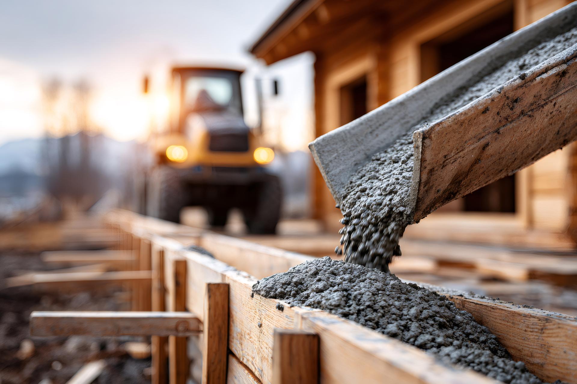 Concrete pouring into foundation formwork on building site