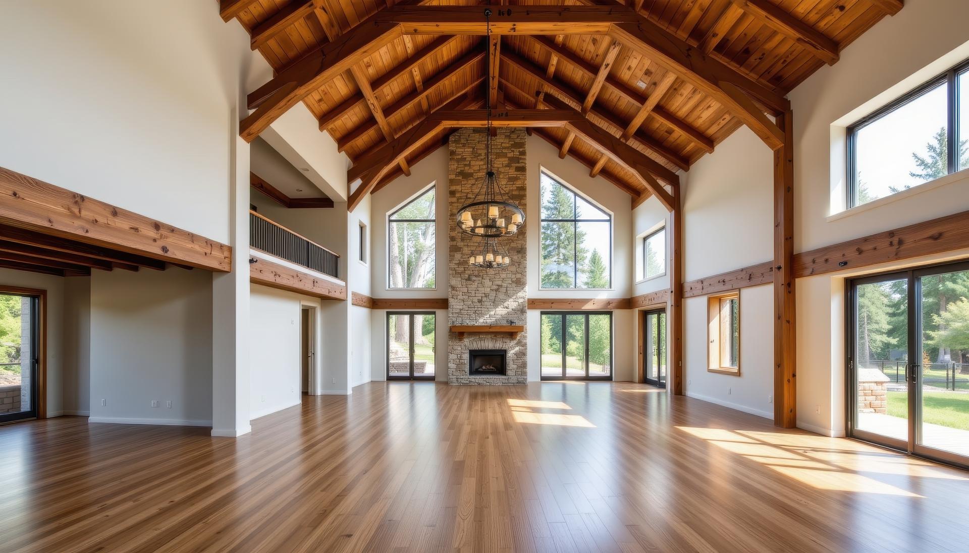 a rustic modern open space with visible ceiling trusses, oak flooring, and sun streaming from tall windows.