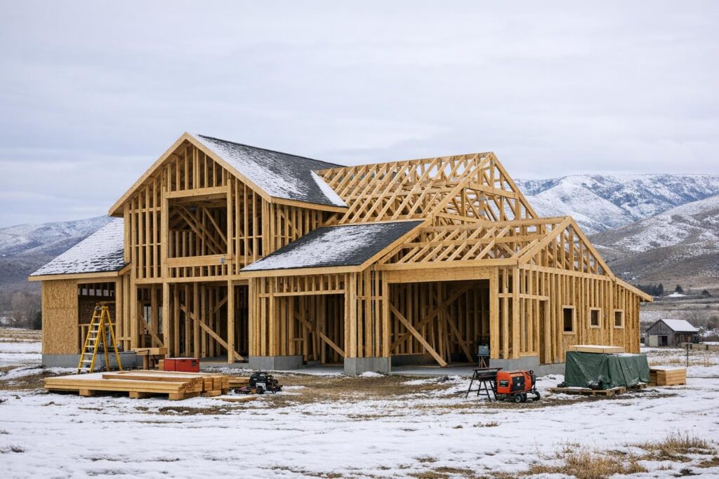 Stock photo of a partially built wood-framed barndominium in Southern Idaho with visible snow on the ground and roof, highlighting structural framing details and roof geometry, set against Boise foothills under an overcast sky.