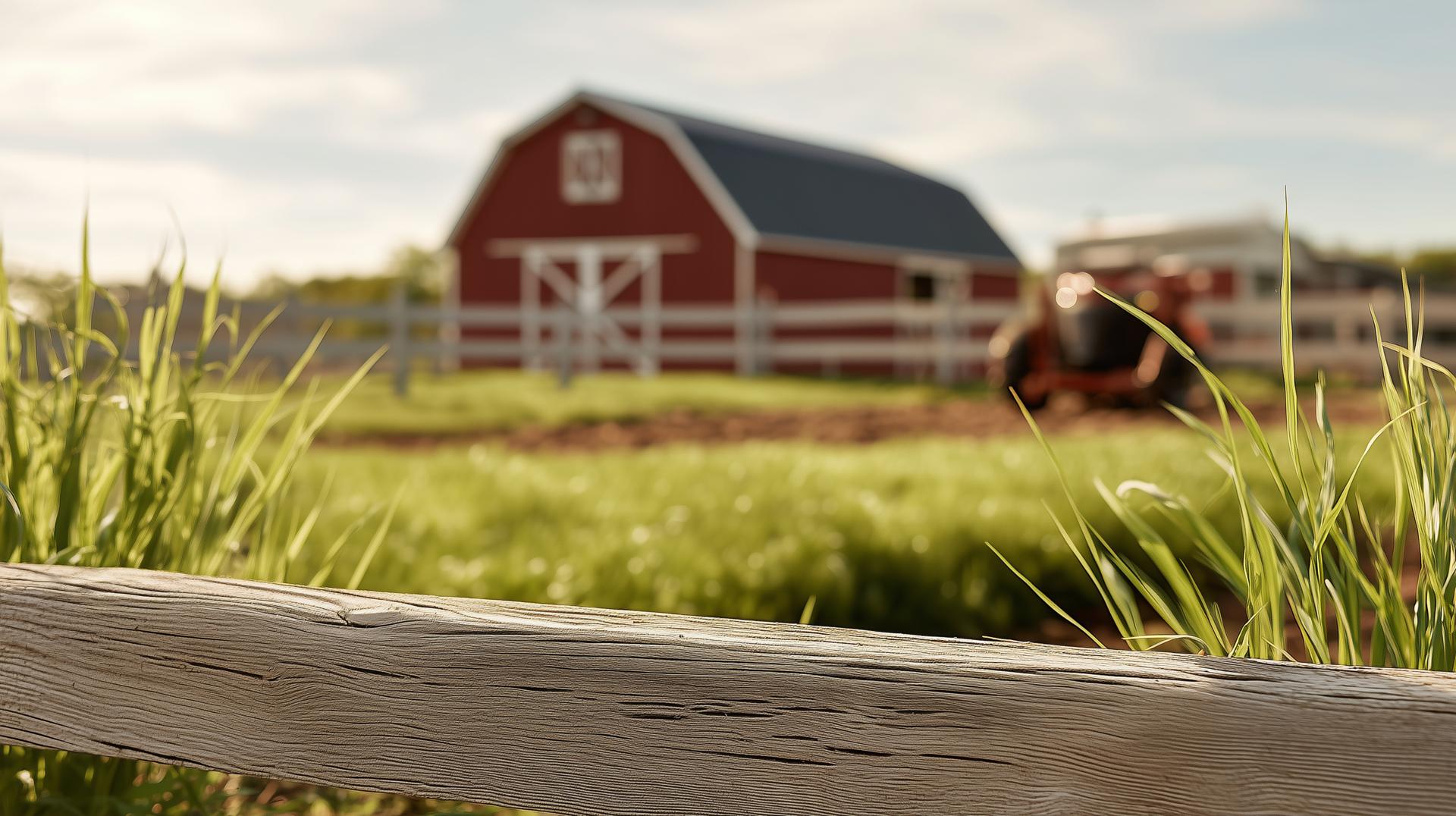 Farm fence with red barn in background. Weathered wooden rail in foreground with green grass, traditional agricultural landscape, rural countryside scenery with classic barn architecture.