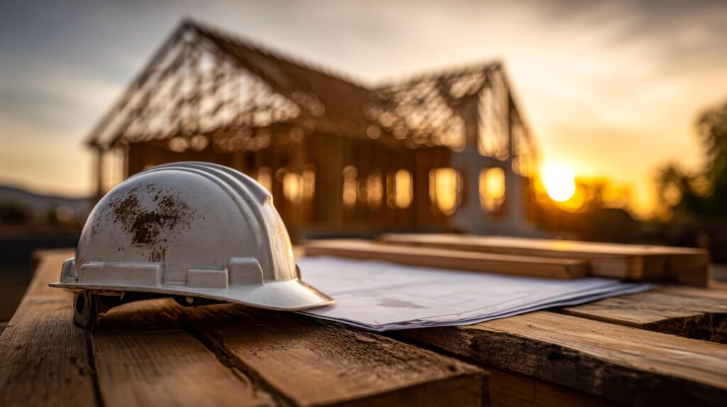 Construction site with safety helmet and building plans at sunset