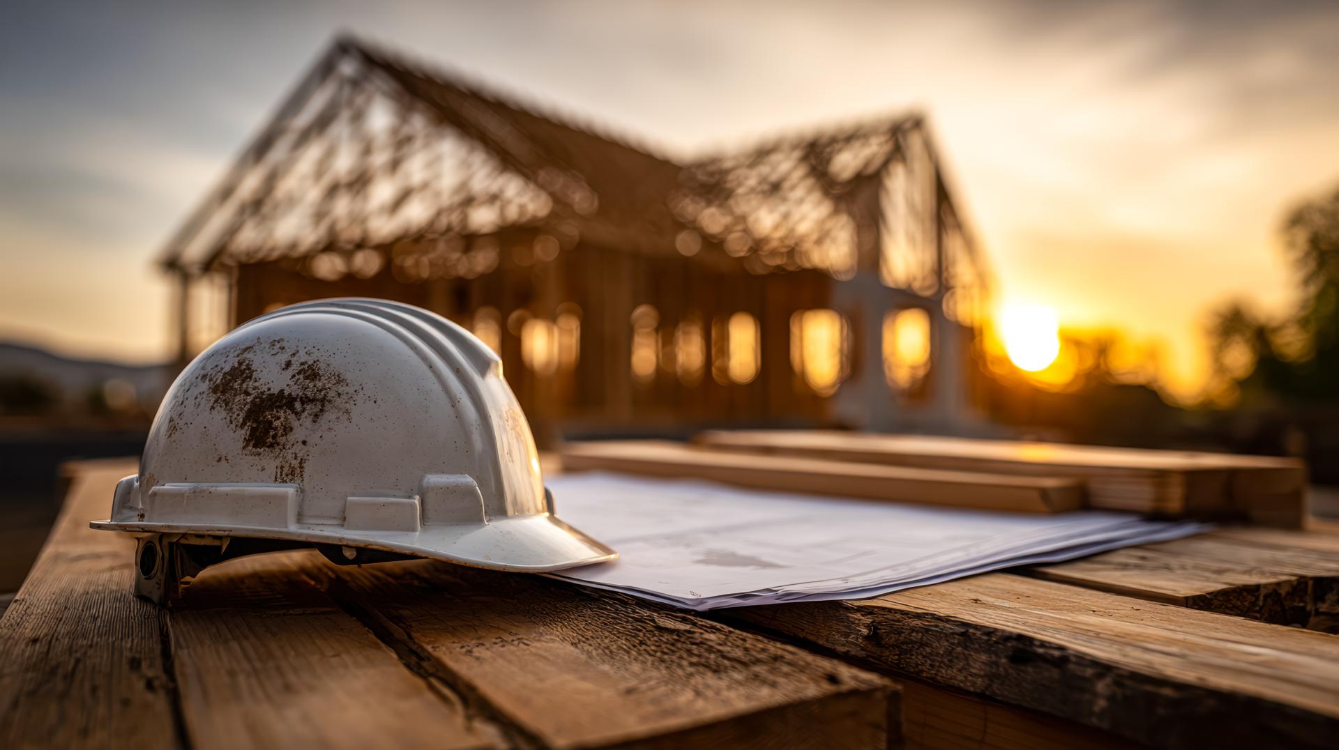 Construction site with safety helmet and building plans at sunset