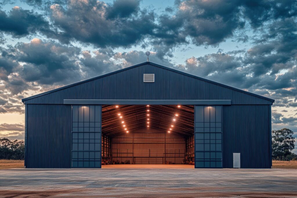 Large industrial hangar with open doors at dusk