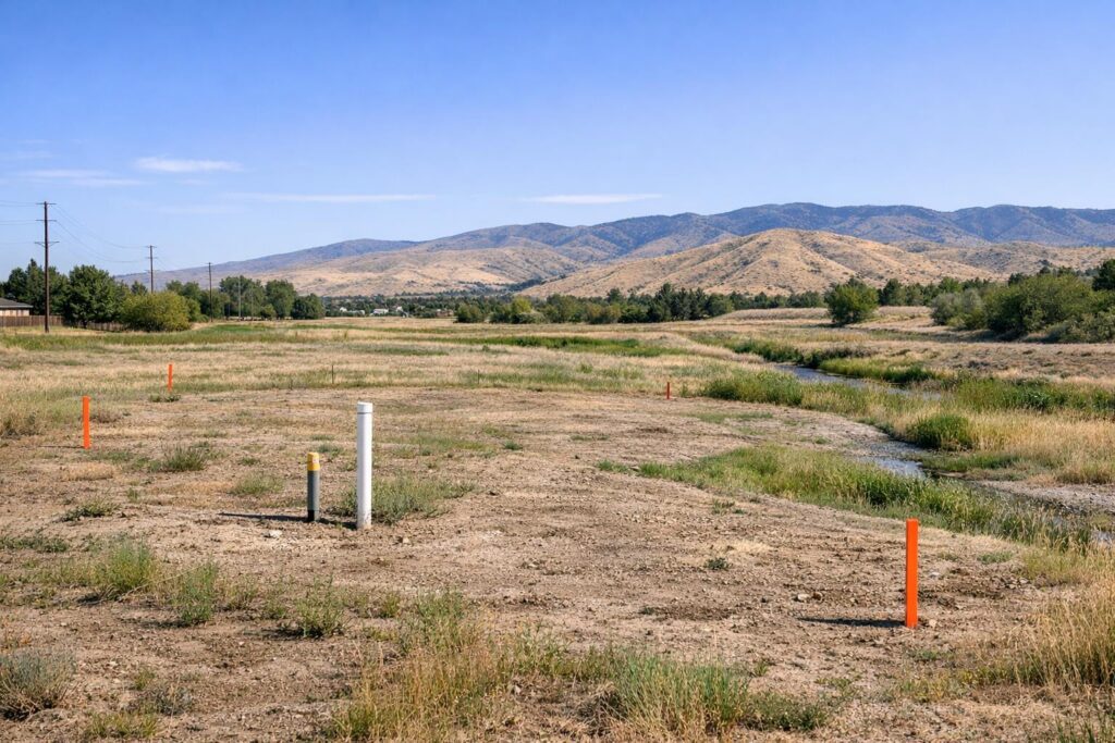 Wide-angle stock photo of a Boise-edge vacant lot with visible property boundaries, utility markers, and drainage features, highlighting considerations for building siting.