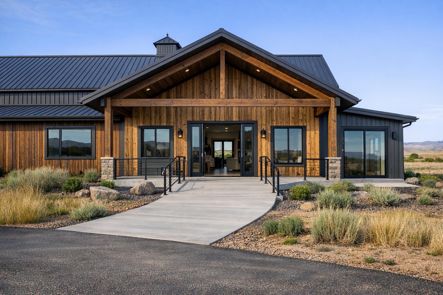 Stock photo of a modern Idaho barndominium with a no-step entry and accessible features, set in a natural landscape without people.