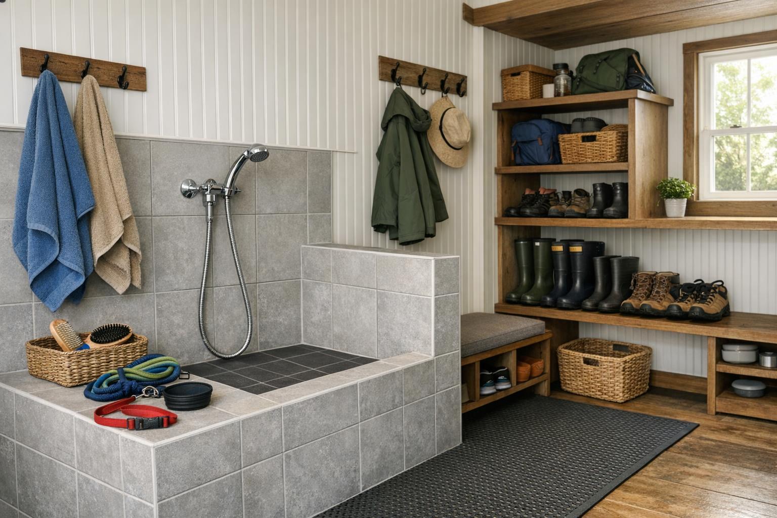 Professional stock photo of a barndominium mudroom with a raised dog wash station, waterproof features, and organized storage in a clean, pet-friendly home entry.